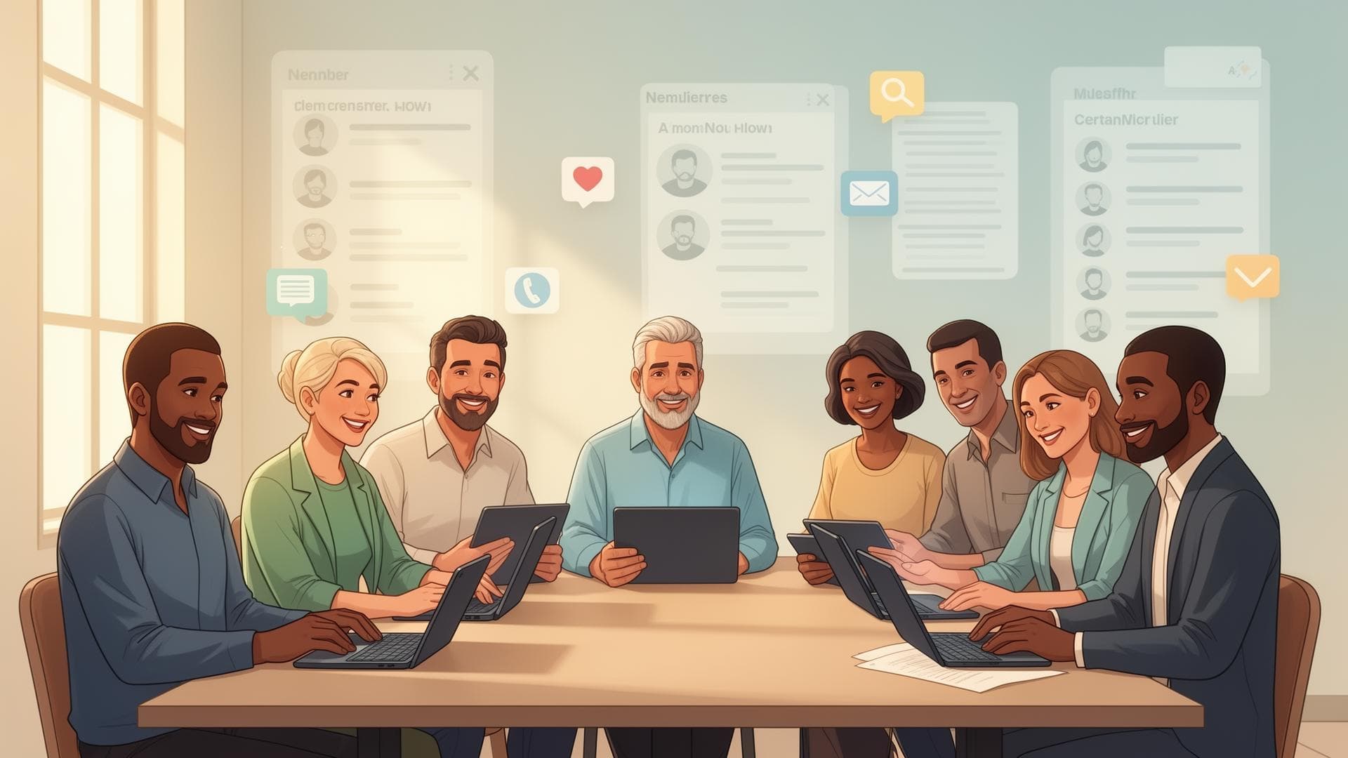 Equipe de líderes colaborando com sistema de gestão diggital